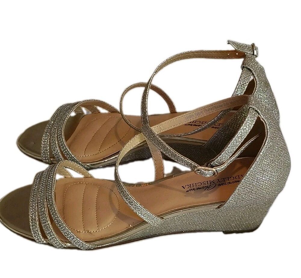 American Glamour Badgley Mischka silver Rhinestone Low Wedge Sandals Metallic 9.